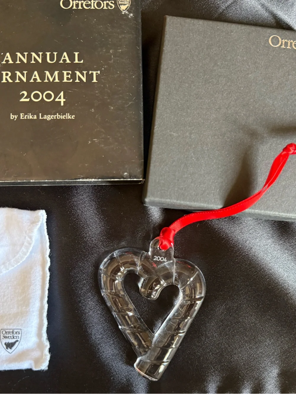 Orrefors 2004 Crystal Heart-Shaped Ornament with Red Ribbon